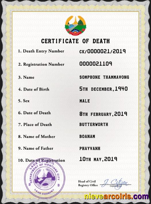 Laos vital record death certificate
